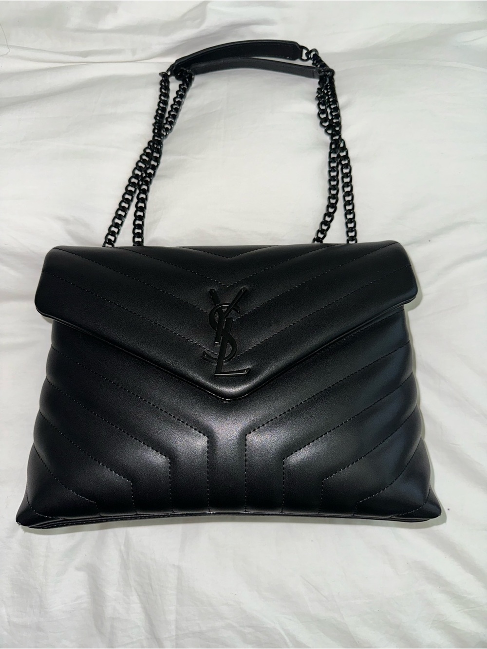 Yves Saint Laurent LOU LOU Black Chevron Shoulder Bag with Chain Strap